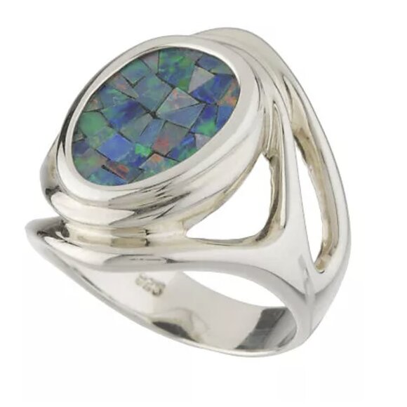 Sterling Silver 925 Australian Opal Mosaic Doublet Ring Size 9 - Picture 1 of 11